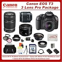 Canon EOS T3 DSLR Camera with 3 Canon Lens Pro Pack: Includes - Canon EF-S 18-55mm f3.5-5.6 IS - Canon EF-S 55-250mm f/4-5.6 IS Autofocus Lens - Canon EF 50mm f1.8 II Autofocus Lens, Also Includes Deluxe Carrying Case, 2 Extra Batteries & Travel Charger, 16GB SDHC Card & Card Reader, 3 Piece Pro Filter Kit and much more...