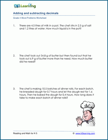 Grade 4 word problem worksheets on adding and subtracting decimals | K5 ...