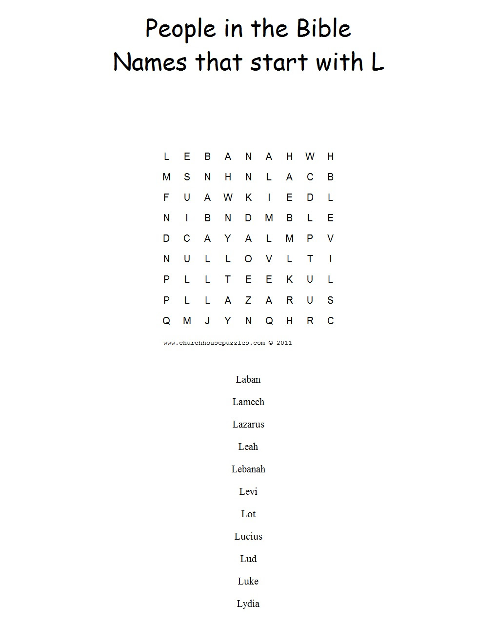 Names That Start With L Word Search Puzzle