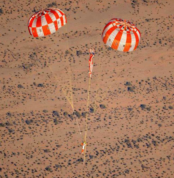 Only two of the Orion's three parachutes are deployed (as expected) above the U.S. Army's Yuma Proving Grounds in Arizona, on February 12, 2013.