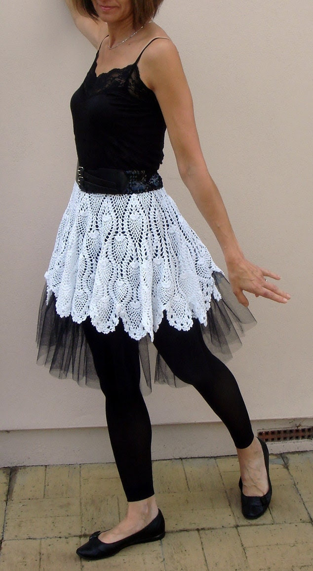 White Crohet Tutu Skirt with black petticoat size S-M