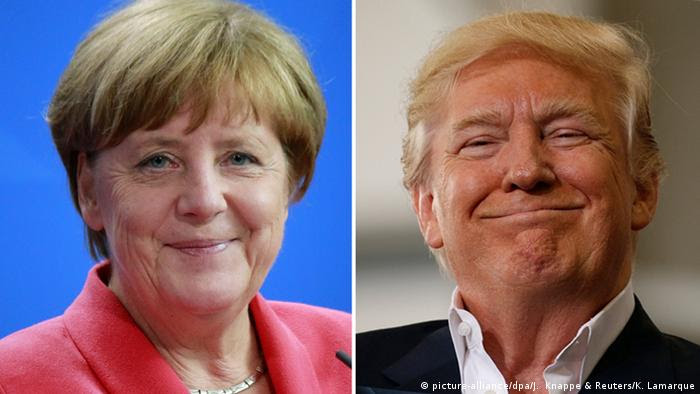 Bildcollage Donald Trump Angela Merkel lächelnd (picture-alliance/dpa/J. Knappe & Reuters/K. Lamarque)