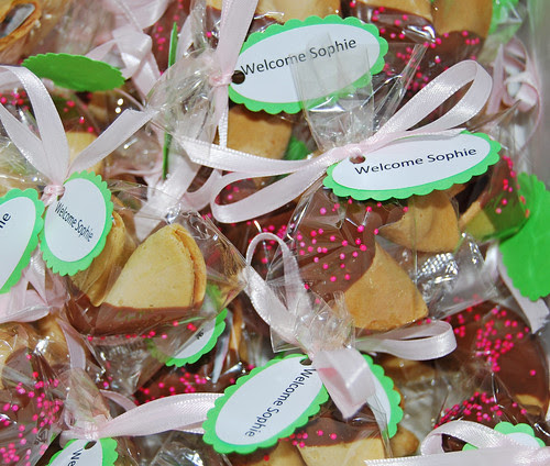 Pink and Green Chocolate Dipped Fortune Cookie Baby Shower Favors