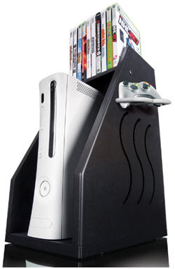 A black GameOn Video Gaming Console Storage unit with an Xbox 360, controller and games