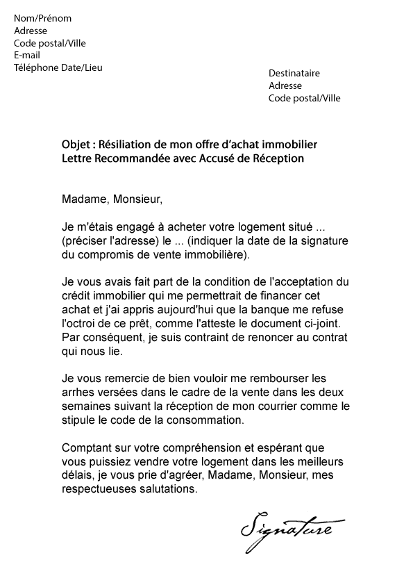 modele lettre achat immobilier
