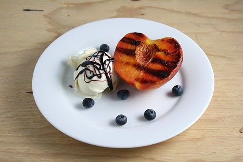 Grilled Peaches with Ice Cream and Blueberry "Fudge"