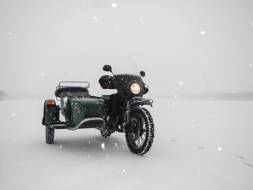 Ural on Frozen Lake in Snow Storm