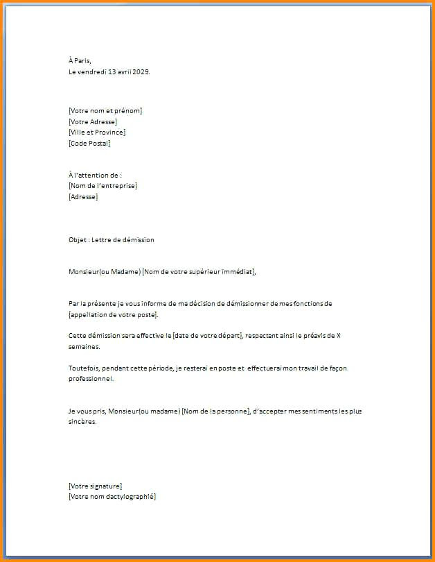 Lettre demission pour suivre conjoint - Modele de lettre type