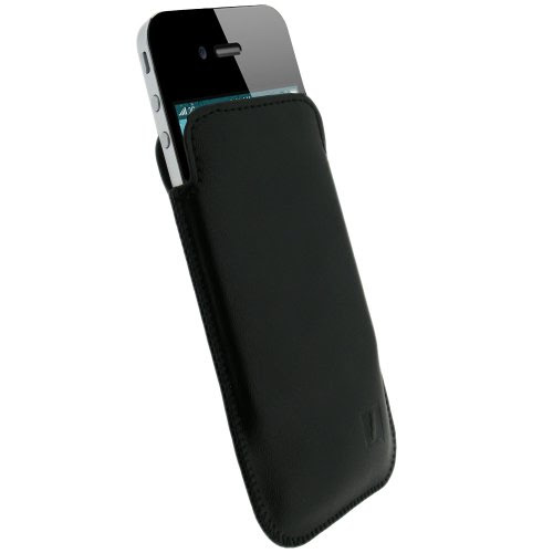 igadgitz Nero Vera pelle Astuccio Custodia Rivestimento per Apple iPhone 4 HD & iPhone 4S 16GB 32GB 64GB + Protettore schermo