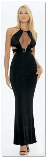 SeXy Long Black Halter Dress Keyhole Rhinestone Buckle