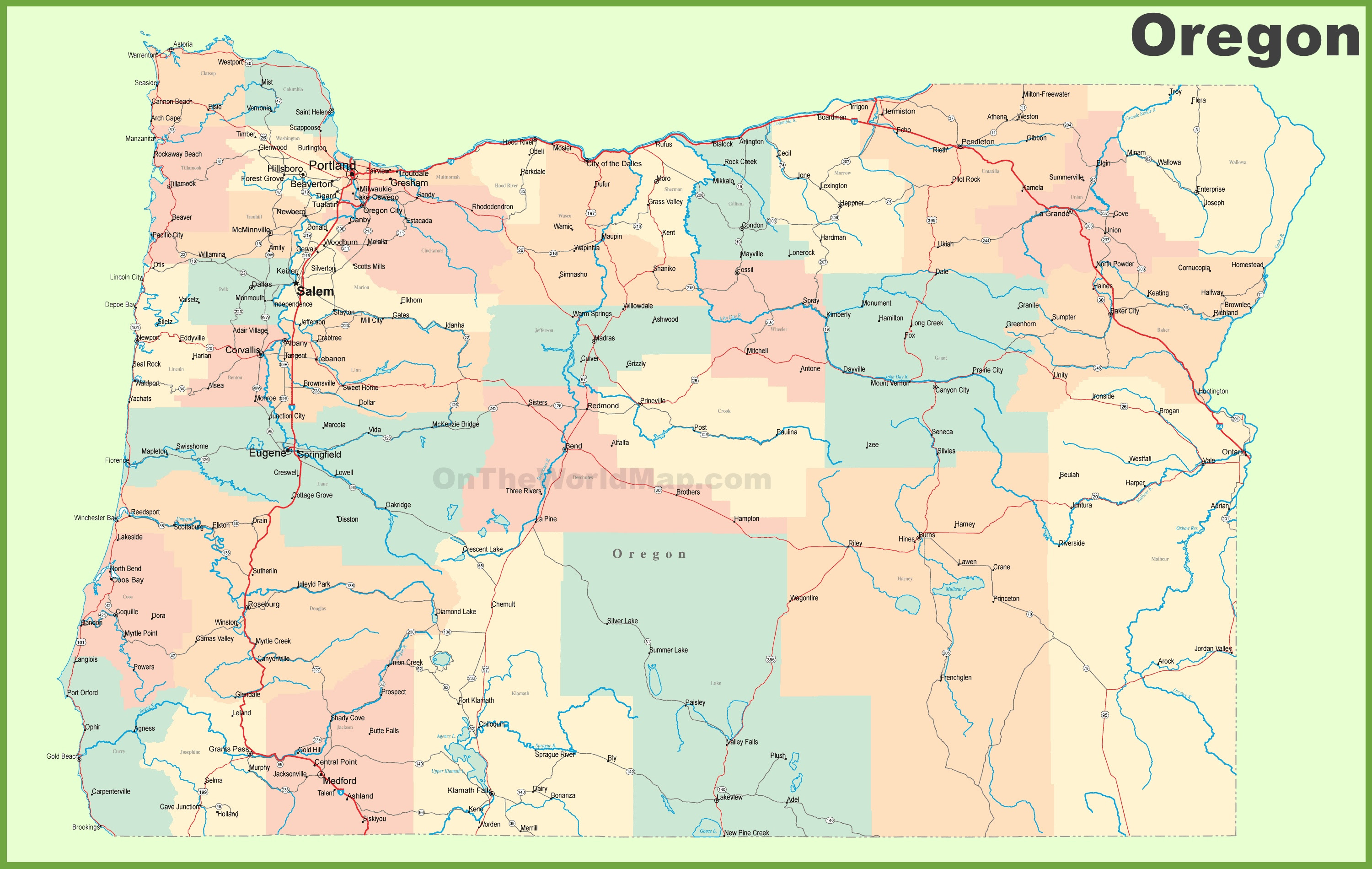A Map Of Oregon Road map of Oregon with cities