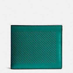COMPACT ID WALLET IN PERFORATED LEATHER - COACH f75197 - SEAGREEN/BLACK