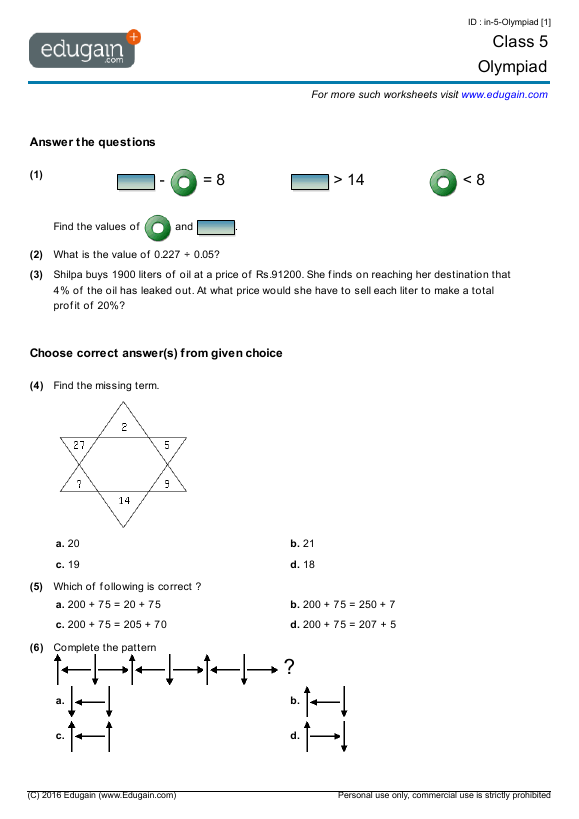 Year 5 Olympiad: Printable Worksheets, Online Practice, Online Tests ...