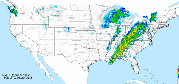 A radar image showing a strong line of storms moving across eastern United States.