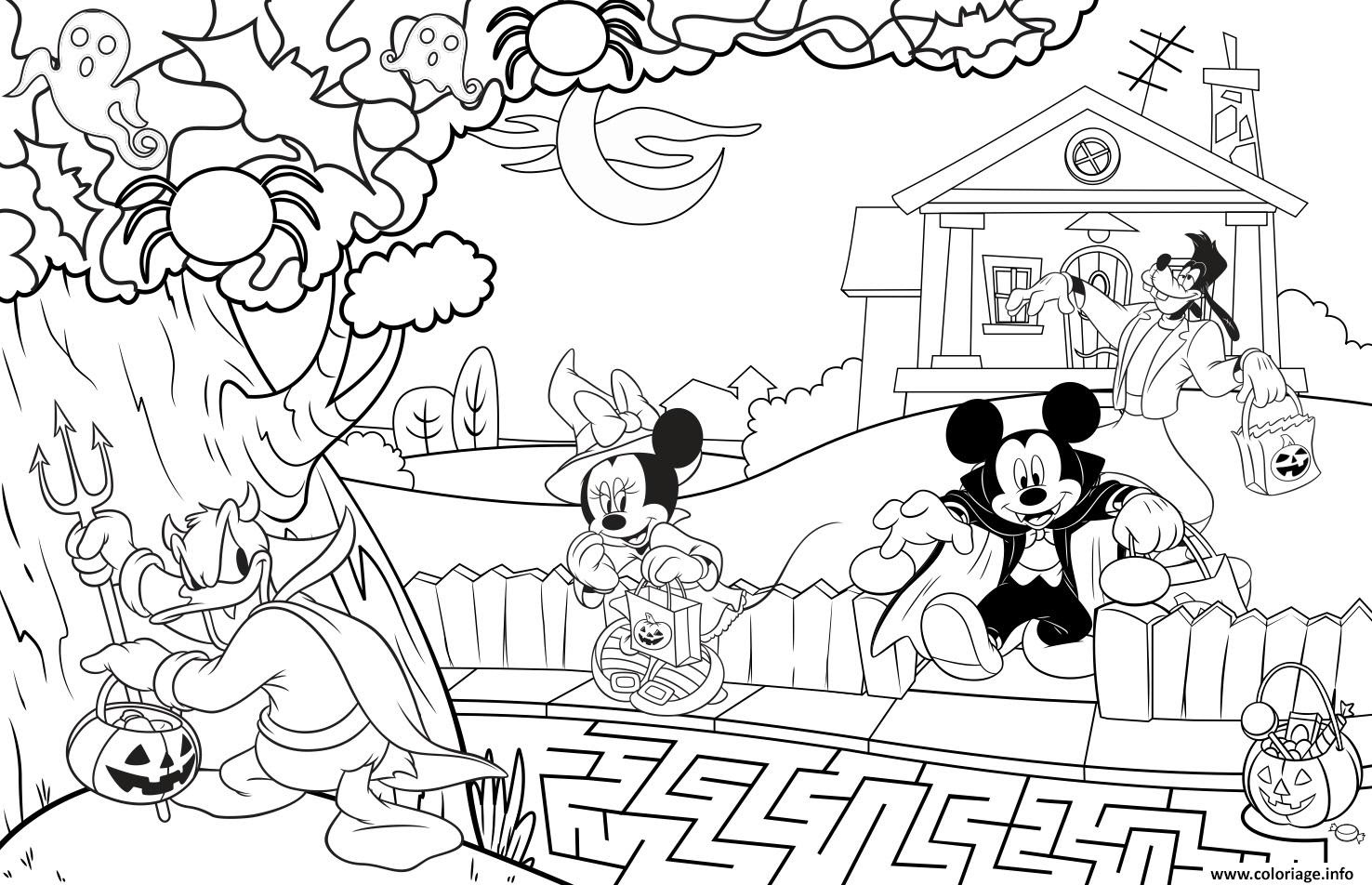 Coloriage Halloween Disney Mickey Et Minnie Maison Hantee