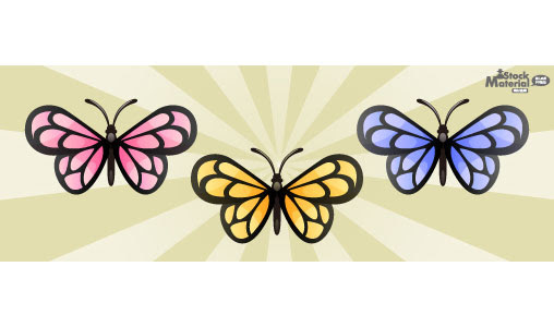 無料素材 透明感のある色使いと丸みのついたデザインが可愛い3色の蝶のイラストセット
