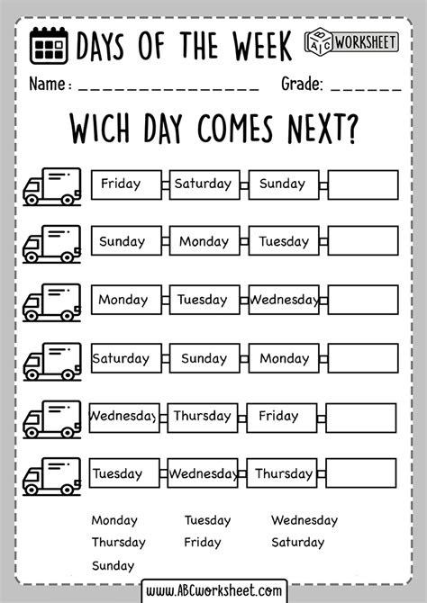  days of the week free printable worksheets