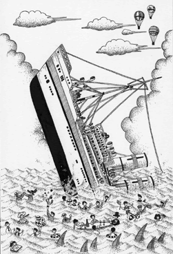 ペン画 イラスト 沈没船 船 豪華客船 沈没 海洋事故 乗客 海上 波 鮫の背びれ
