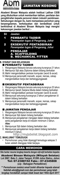 Jawatan Kosong Akademi Binaan Malaysia (ABM) April 2017