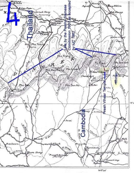 Extract from the International Court of Justice Report 1962 – The French-Siamese Commission 1907 (Scale 1:200,000) (Courtesy Bora Touch. Note in blue added by Bora Touch for clarity)