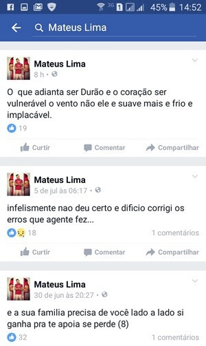 Pelo celular, Mateus acessava a internet e escrevia declarações de amor, reflexões e até lamentava os erros cometidos na página dele no Facebook (Foto: Divulgação/Sejuc)