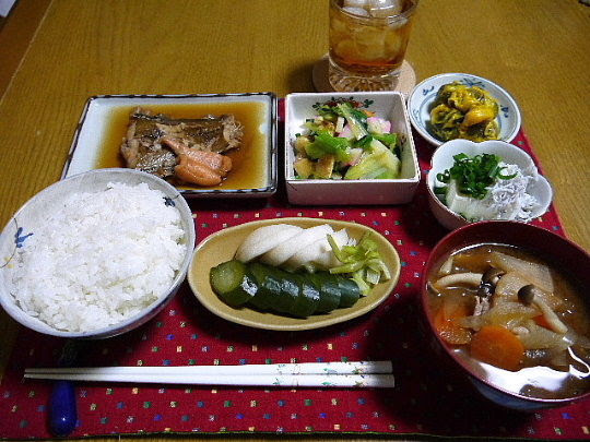 夕食 赤かれい煮付け わけぎのぬた 豚汁 なすのからし漬け The Last Sasurai 自炊ニストの食卓