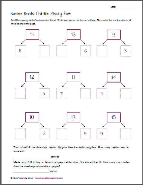 number bonds find the missing part mamas learning corner