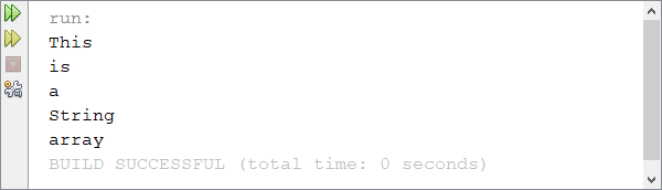 Output window showing the results of a java string array