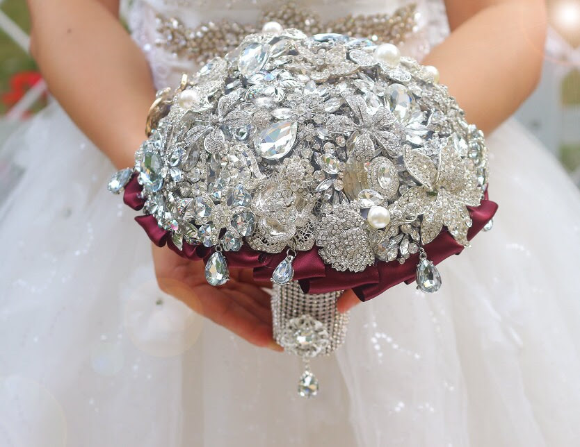 8 inches diamond bridal bouquet, custom wedding bouquet, DIY jewelry bouquet, brooch bouquet, red wine bouquet, super-luxury