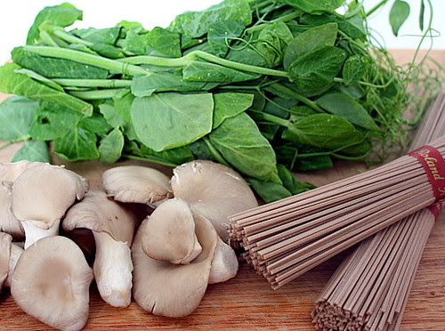 pea shoots, oyster mushrooms and soba noodles