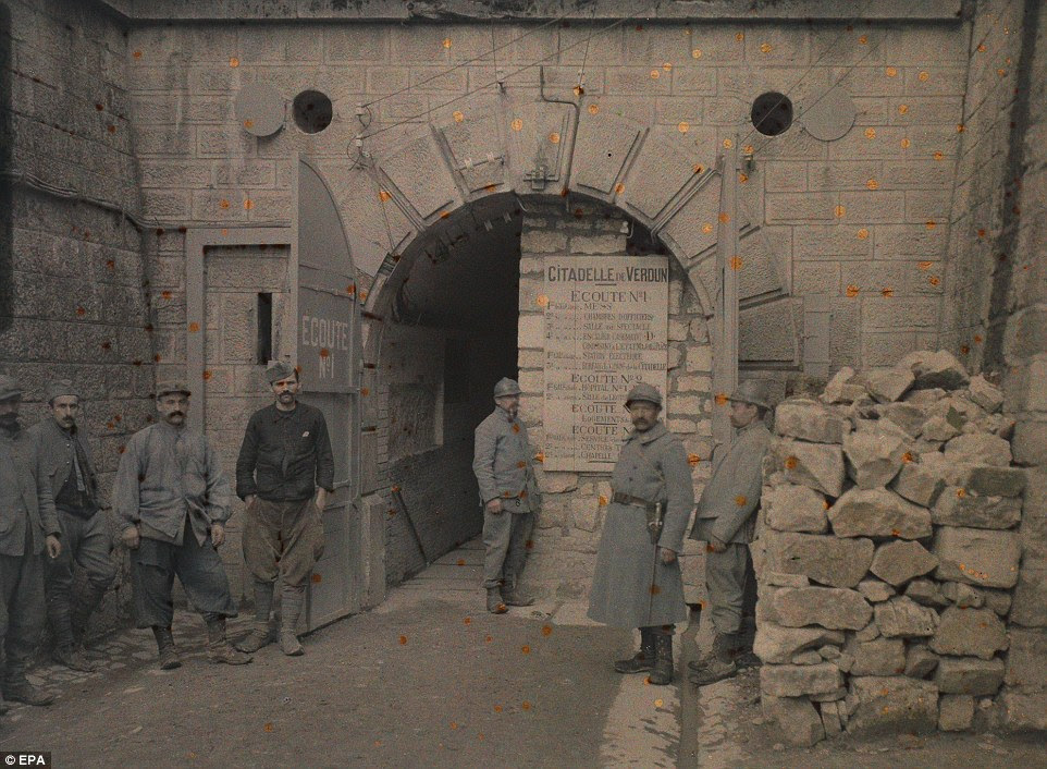 Guard: Soldiers stand outside the entrance of the Citadelle de Verdun in Meuse, France.The doorway leads to nearly three miles of tunnels 