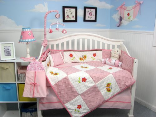 SoHo Pink Suede Butterflies Garden 10pcs Baby Crib Bedding Set