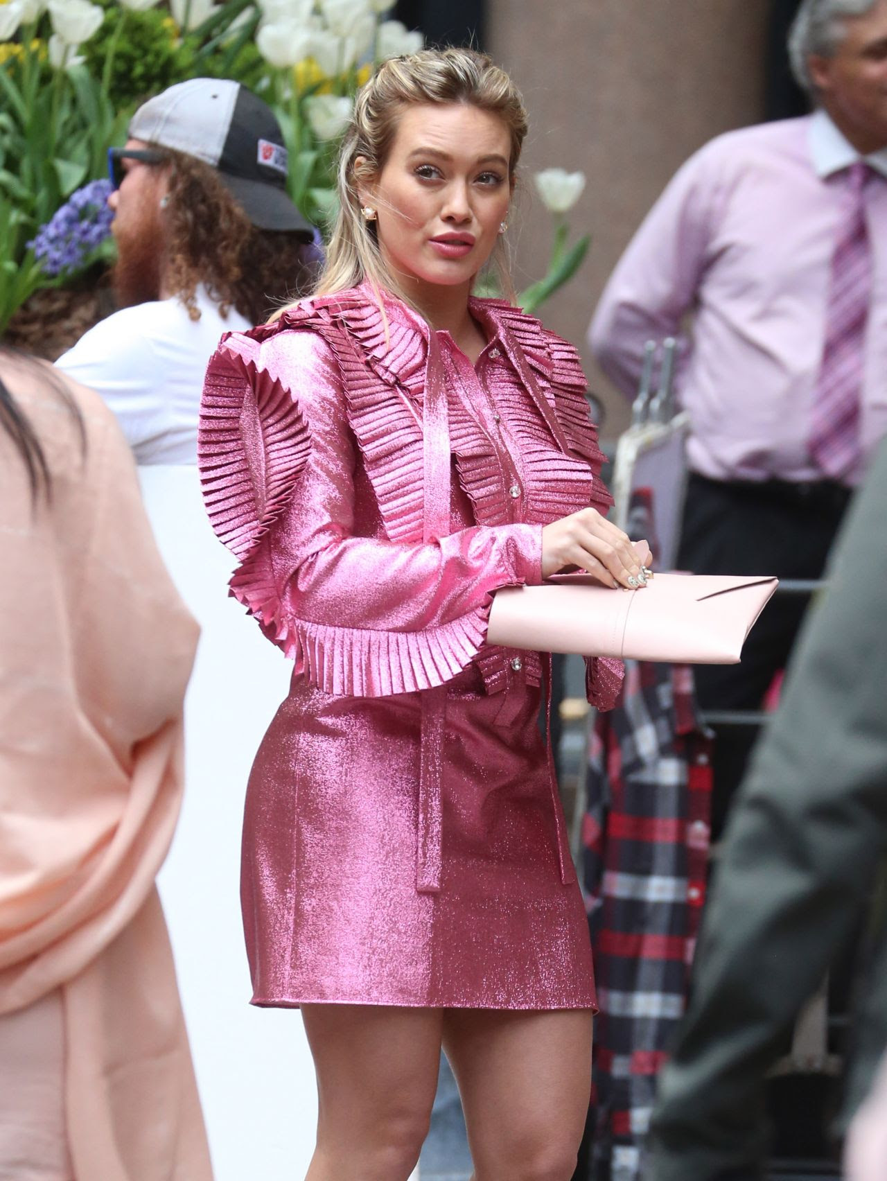 Hilary Duff in a Pink Ruffled Dress - New York 4/17/2017