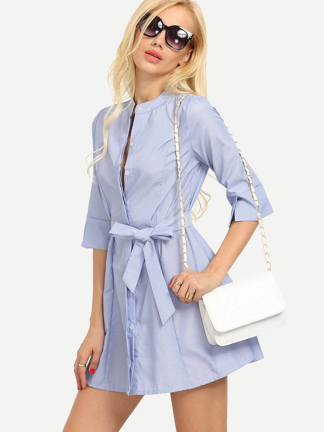 Self Tie Striped Collarless Shirt Dress BlueFor Women romwe Self Tie Striped Collarless Shirt Dress BlueFor Women romwe