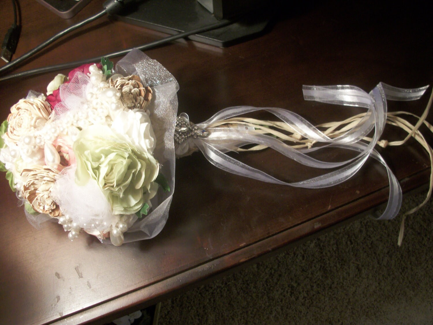 Wedding bouquet pearls in bloom greens cream pink white with rhinestone brooch