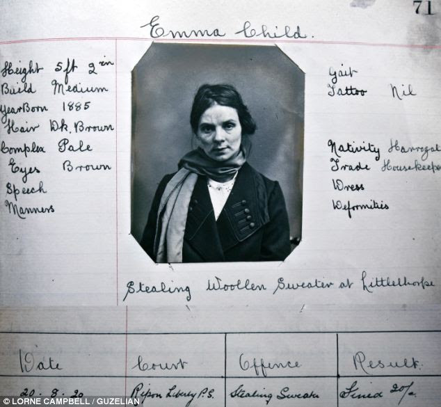 Thief: Housekeper Emma Child was arrested aged 35 for stealing a sweater, her records describe her as of 5ft2', medium build with brown hair, brown eyes and a 'pale' complexion
