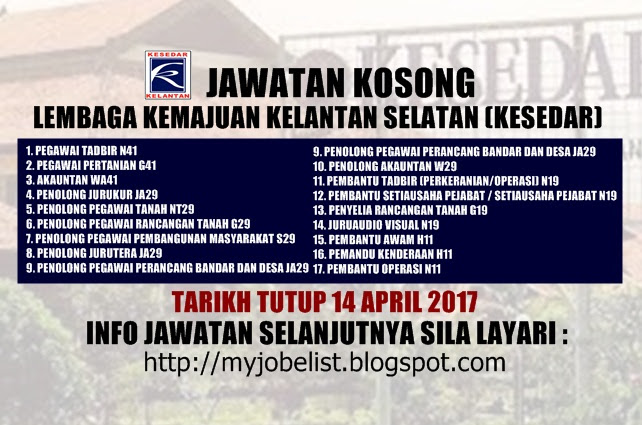Jawatan Kosong Lembaga Kemajuan Kelantan Selatan (KESEDAR) April 2017