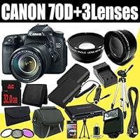 Canon EOS 70D 20.2 MP Dual Pixel CMOS Digital SLR Camera w/EF-S 18-135mm F3.5-5.6 IS STM Lens + Two LP-E6 Replacement Lithium Ion Battery + External Rapid Charger + 32GB SDHC Class 10 Memory Card + 67mm Wide Angle Lens + 67mm 2x Telephoto Lens + 67mm 3 Piece Filter Kit + Mini HDMI Cable + Carrying Case + Full Size Tripod + External Flash + Multi Card USB Reader + Memory Card Wallet + Deluxe Starter Kit DavisMAX Bundle