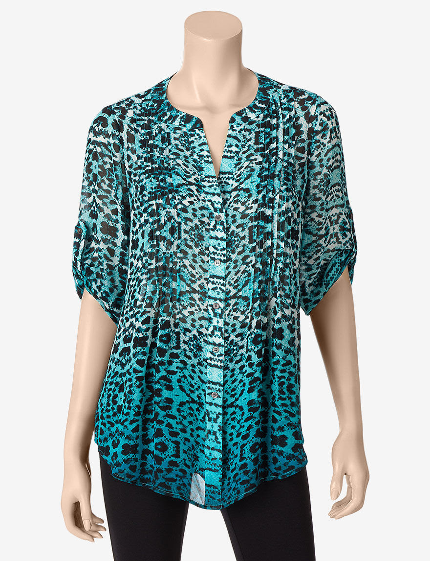 Chaus Floral Safari Snake Print Pintuck Accented Top - Misses - Teal - XL - Chaus
