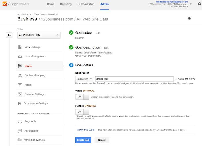 setting goal details google analytics