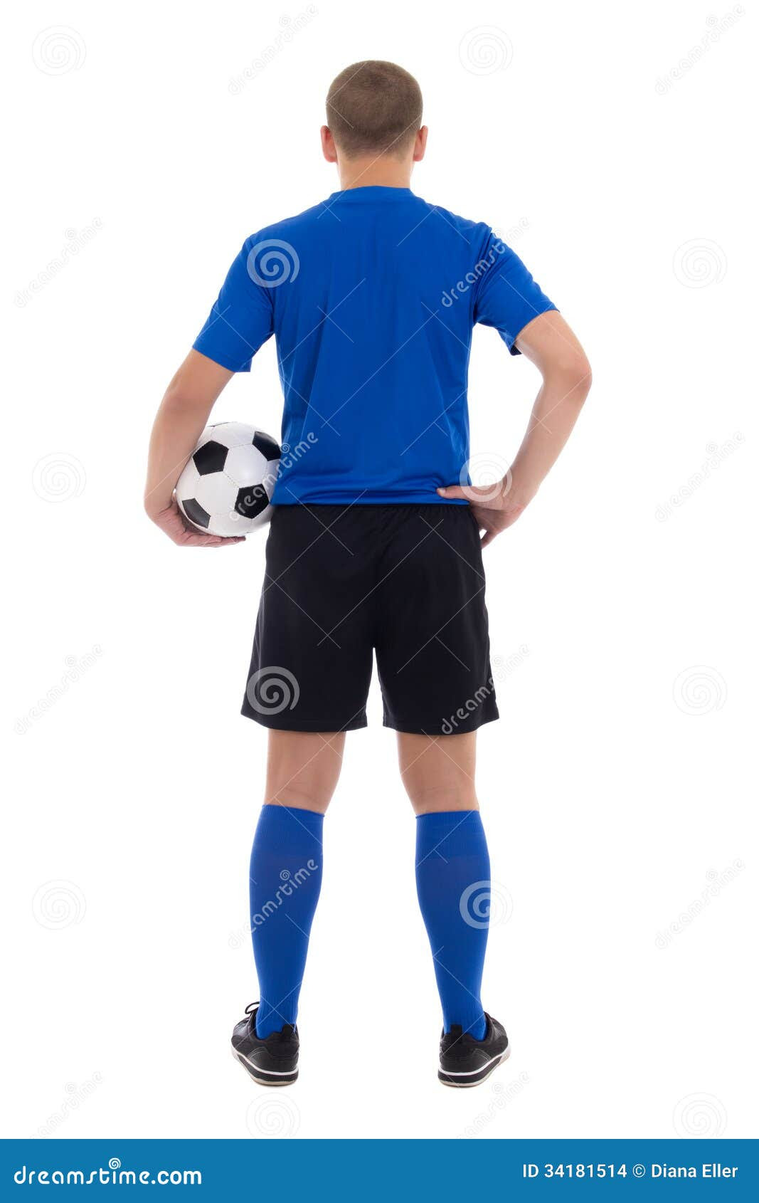 Back view of soccer player in blue uniform isolated on white ...