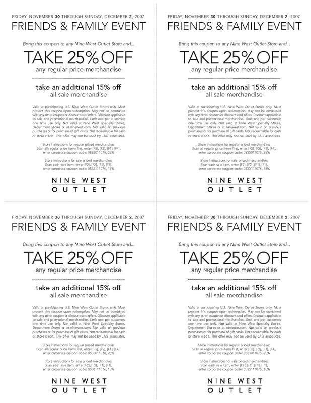 Additional 25% off coupon at Nine West Outlets. Click Below for Coupon