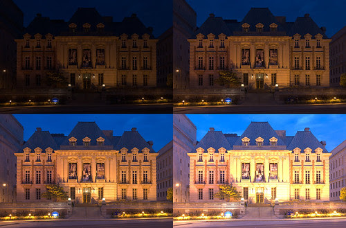 Saint Louis University, in Saint Louis, Missouri, USA - Saint Louis University Museum of Art at dawn - side-by-side composite of 4 exposures