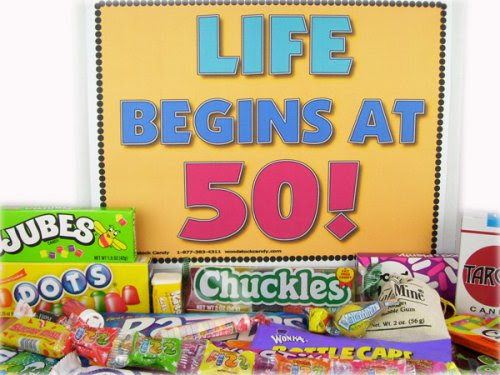 50th Birthday Party Celebration Gift Box of Retro Candy - Life Begins At 50 50th Birthday Party Celebration Gift Box of Retro Candy - Life Begins At 50