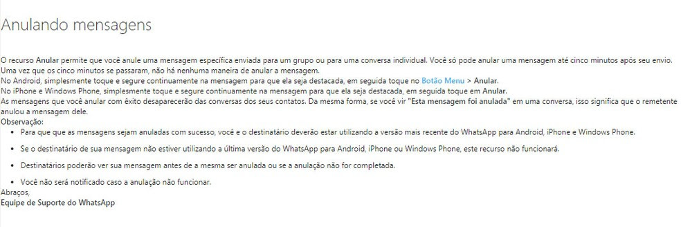 Whatsapp deu instruções sobre função para anular mensagens enviadas em sua página de suporte, mas as apagou em seguida (Foto: Reprodução)