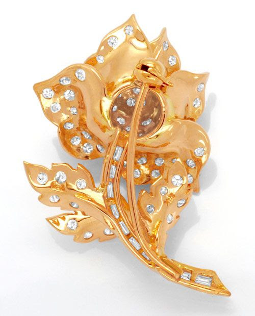 Originalfoto DIAMANTBROSCHE, ROSENBLÜTE ZWEIG BLÄTTER ROTGOLD LUXUS!