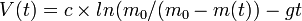 V(t)= c \times ln(m_0 / (m_0 - m(t)) - gt