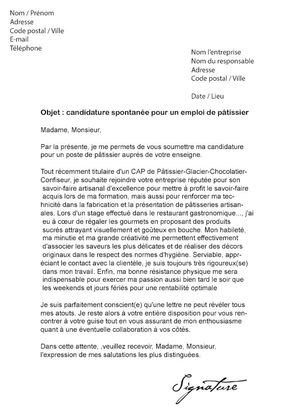 Lettre de motivation Pâtissier - Modèle de Lettre