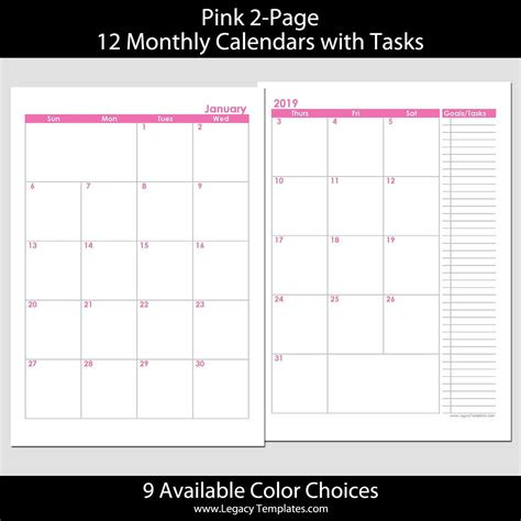  55 x 85 planner template beautiful 2019 12 months 2 page calendar