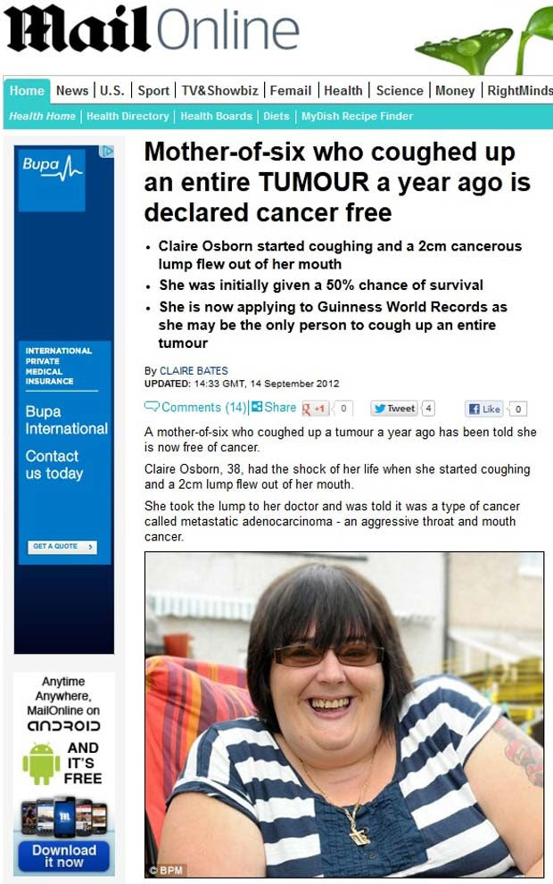 Claire Osborn expeliu um tumor enquanto tossia (Foto: Reprodução/Daily Mail)